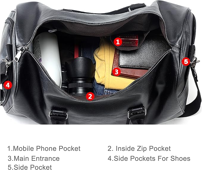 Leather Travel Bag with Shoe Pouch, Waterproof Weekender Overnight Bag