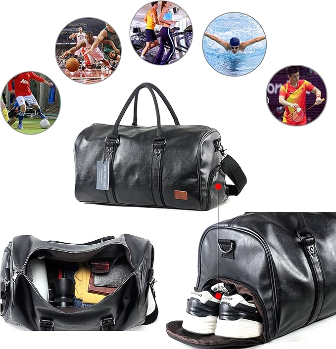 Leather Travel Bag with Shoe Pouch, Waterproof Weekender Overnight Bag