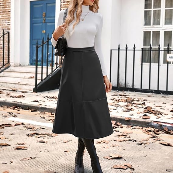 Midi Leather Skirt for Women UK High Waist A-Line