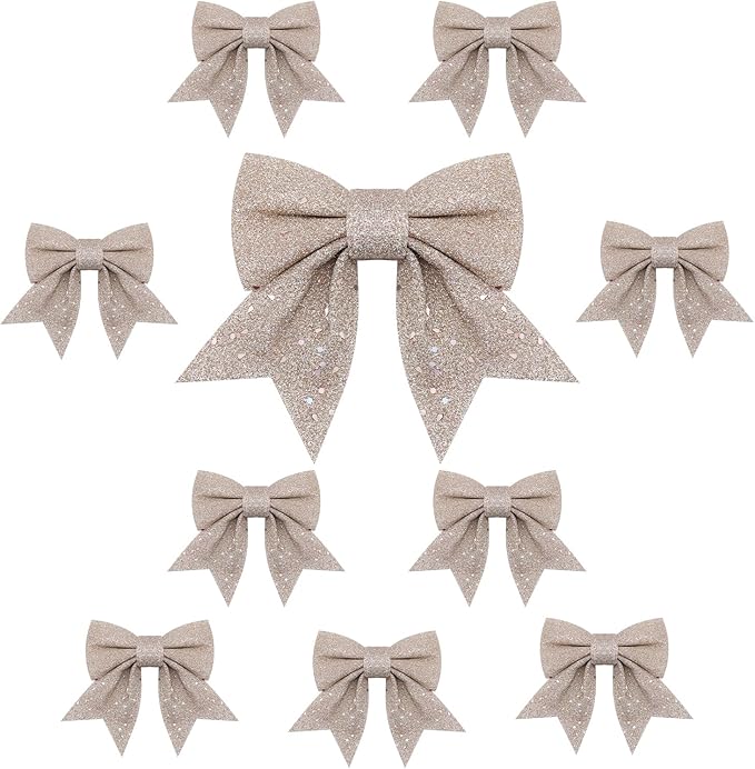 10PCS Christmas Bow Decorations, Champagne Gold Bows for Christmas Tree