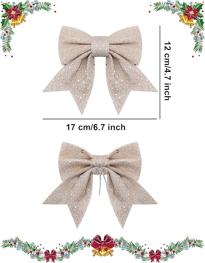 10PCS Christmas Bow Decorations, Champagne Gold Bows for Christmas Tree