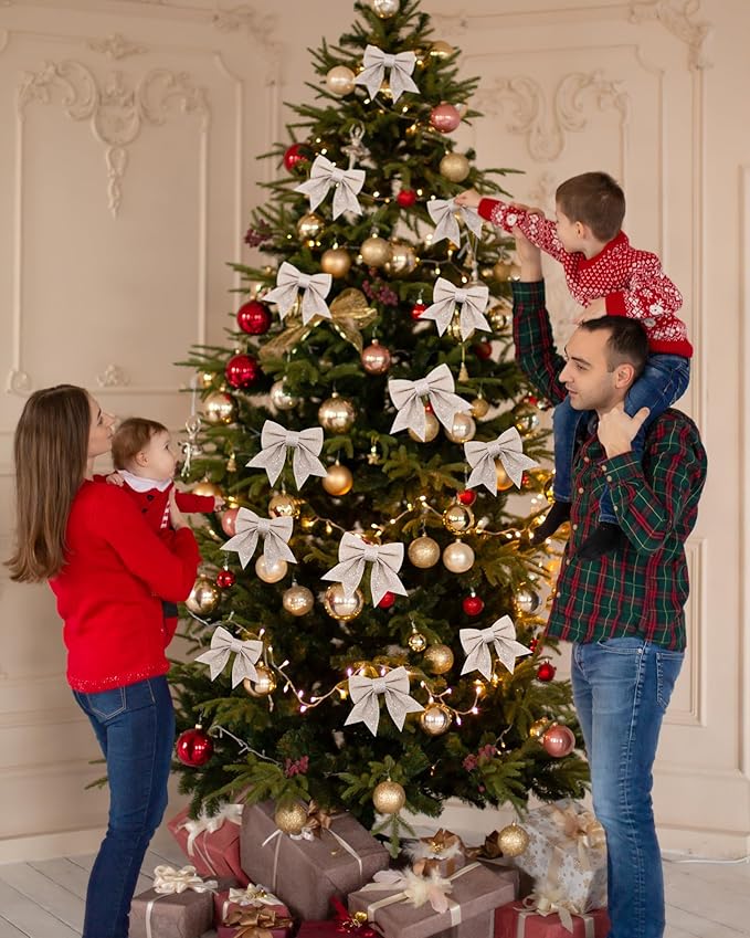 10PCS Christmas Bow Decorations, Champagne Gold Bows for Christmas Tree