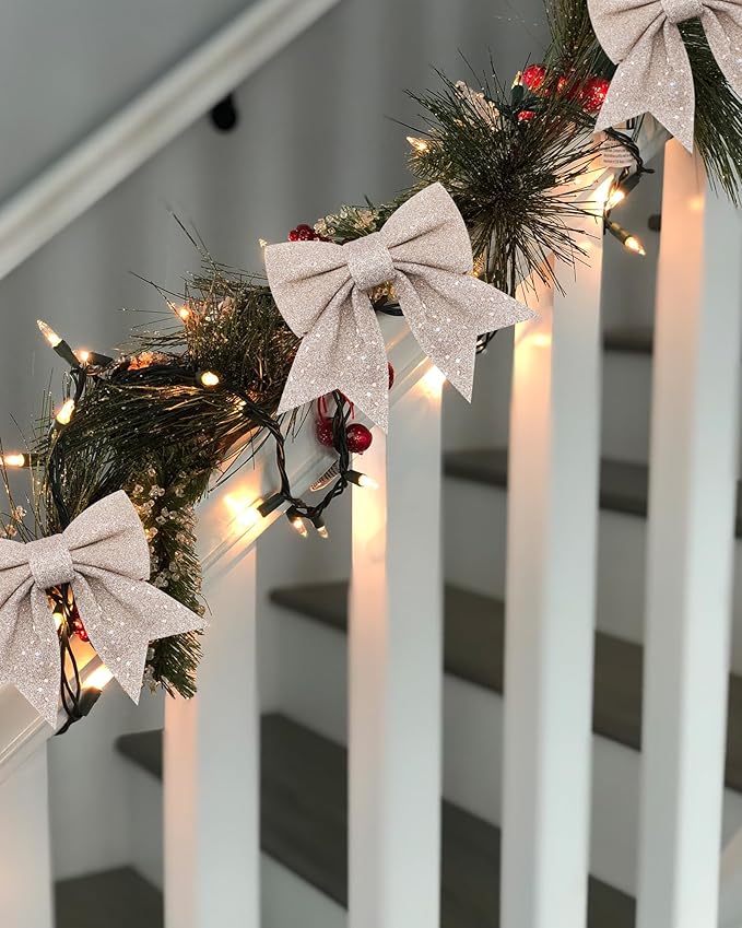 10PCS Christmas Bow Decorations, Champagne Gold Bows for Christmas Tree