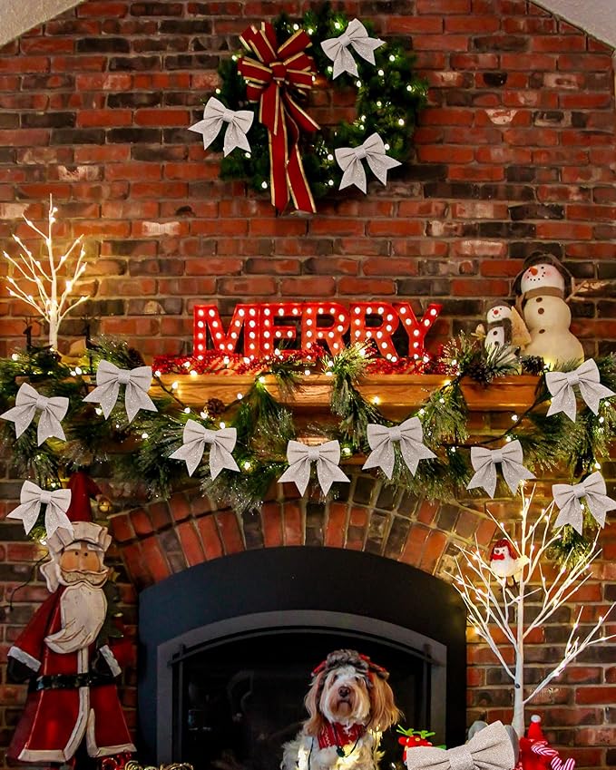 10PCS Christmas Bow Decorations, Champagne Gold Bows for Christmas Tree